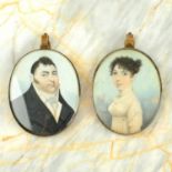 A pair of late Georgian portrait miniatures, depicting a married couple.