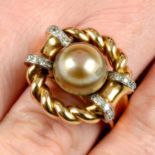 A mid 20th century platinum and 18ct gold brown cultured pearl and single-cut diamond ring.