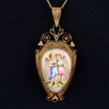 A late Victorian 12ct gold, enamel locket, depicting two winged figures holding a nest,