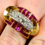 A mid 20th century 18ct gold graduated old-cut diamond and synthetic ruby bombé ring.