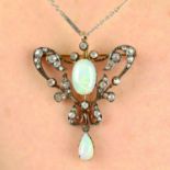 A late 19th century silver and gold, opal, old and rose-cut diamond pendant, with later chain.