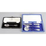 A cased Beatrix Potter silver christening set, together with a cased silver spoon and