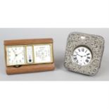 An Edwardian repoussé silver mounted pocket watch case, together with a pigskin desk timepiece,