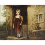 19th century English school oil on canvas depicting a young girl standing before a cottage.
