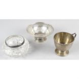 An Edwardian silver pierced dish, together with a 1920's silver cup & a silver rimmed glass bowl.
