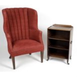 A wingback arm chair, mahogany bookshelf, mahogany framed Carver chair and small oil painting.