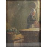 19th century Dutch school, an oil painting on board, with figure preparing vegetables.