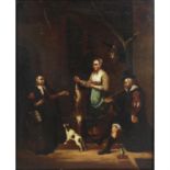 A Metsu oil painting on copper panel, interior scene with figures and dog.