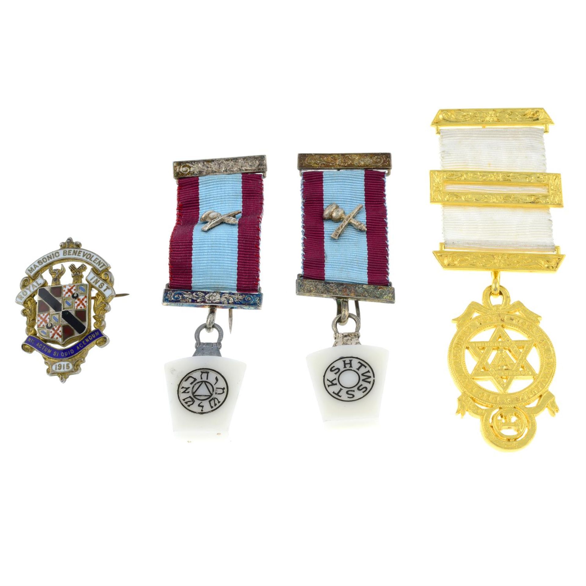 Masonic, three medals, an enamel badge, a watch & pair of cufflinks; together with miscellaneous