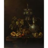 Gyula Bubarnik (b.1936), signed oil on panel still life study of a table of fruit and wine.