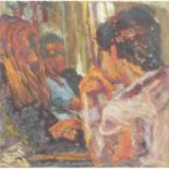 J. Kay-Hill (20th century), an Impressionist oil on board depicting figures in conversation,