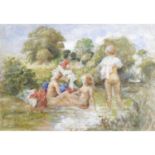 20th century English school, oil on board, landscape with naked female bathers.