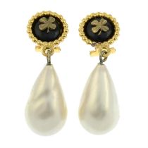 CHANEL - a pair of black paste and imitation pearl drop earrings.