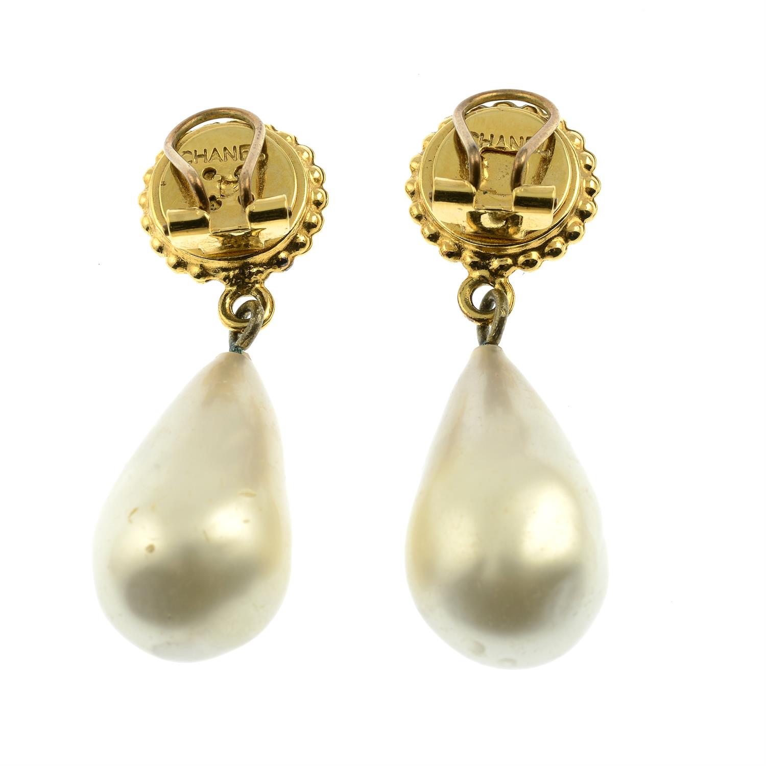 CHANEL - a pair of black paste and imitation pearl drop earrings. - Image 2 of 2