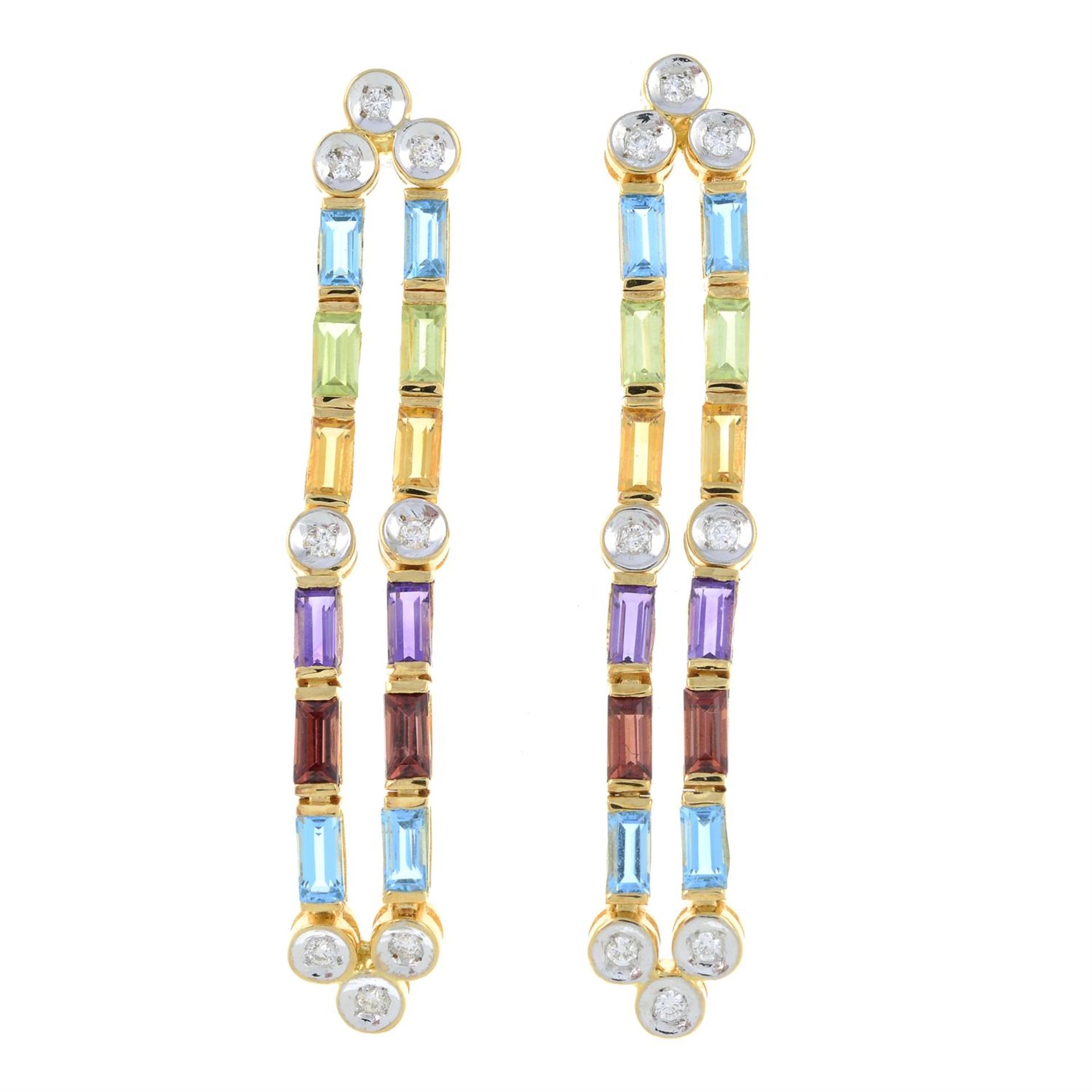 A pair of brilliant-cut diamond and multi-gem drop earrings.