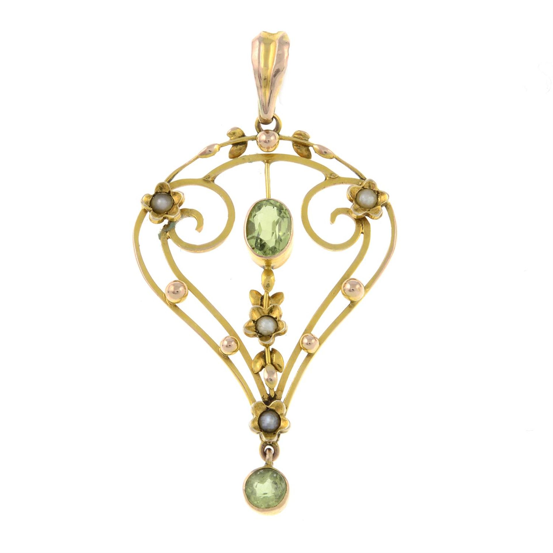 An early 20th century gold peridot and split pearl pendant.