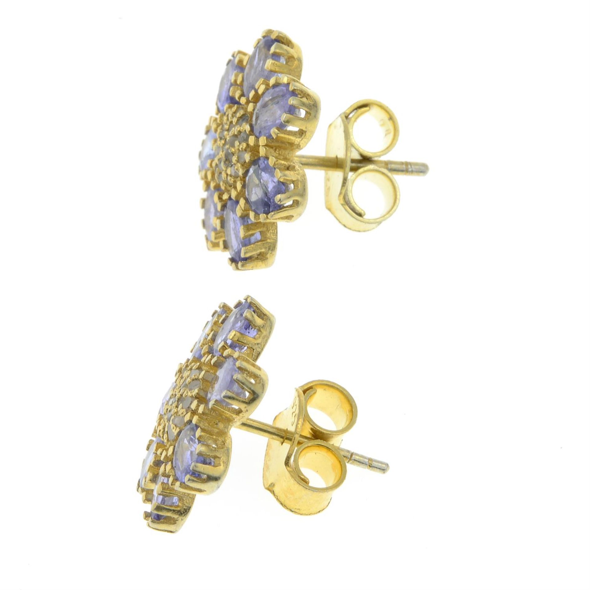 A pair of tanzanite and diamond floral cluster earrings. - Image 2 of 2