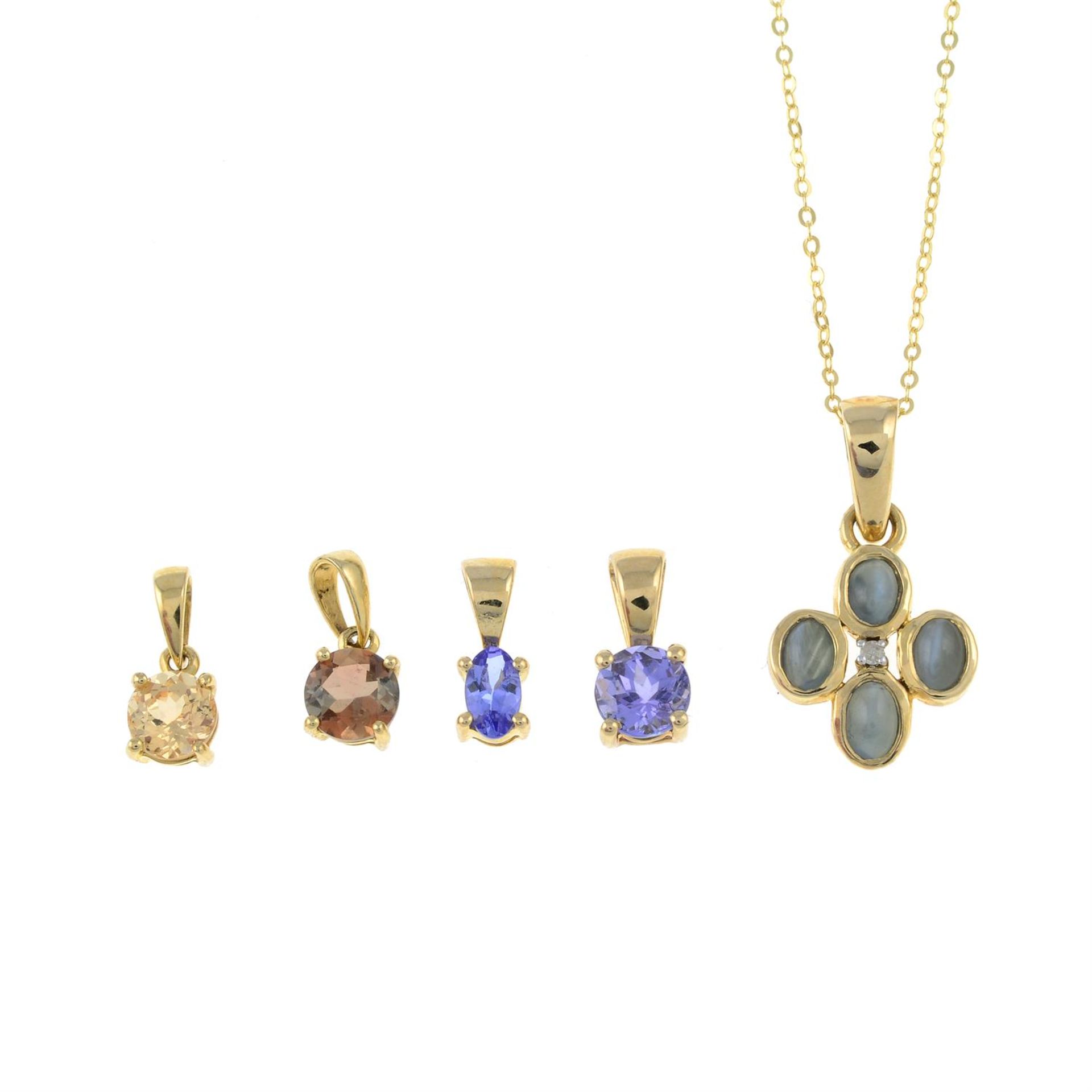 Five gem-set pendants, one with chain.