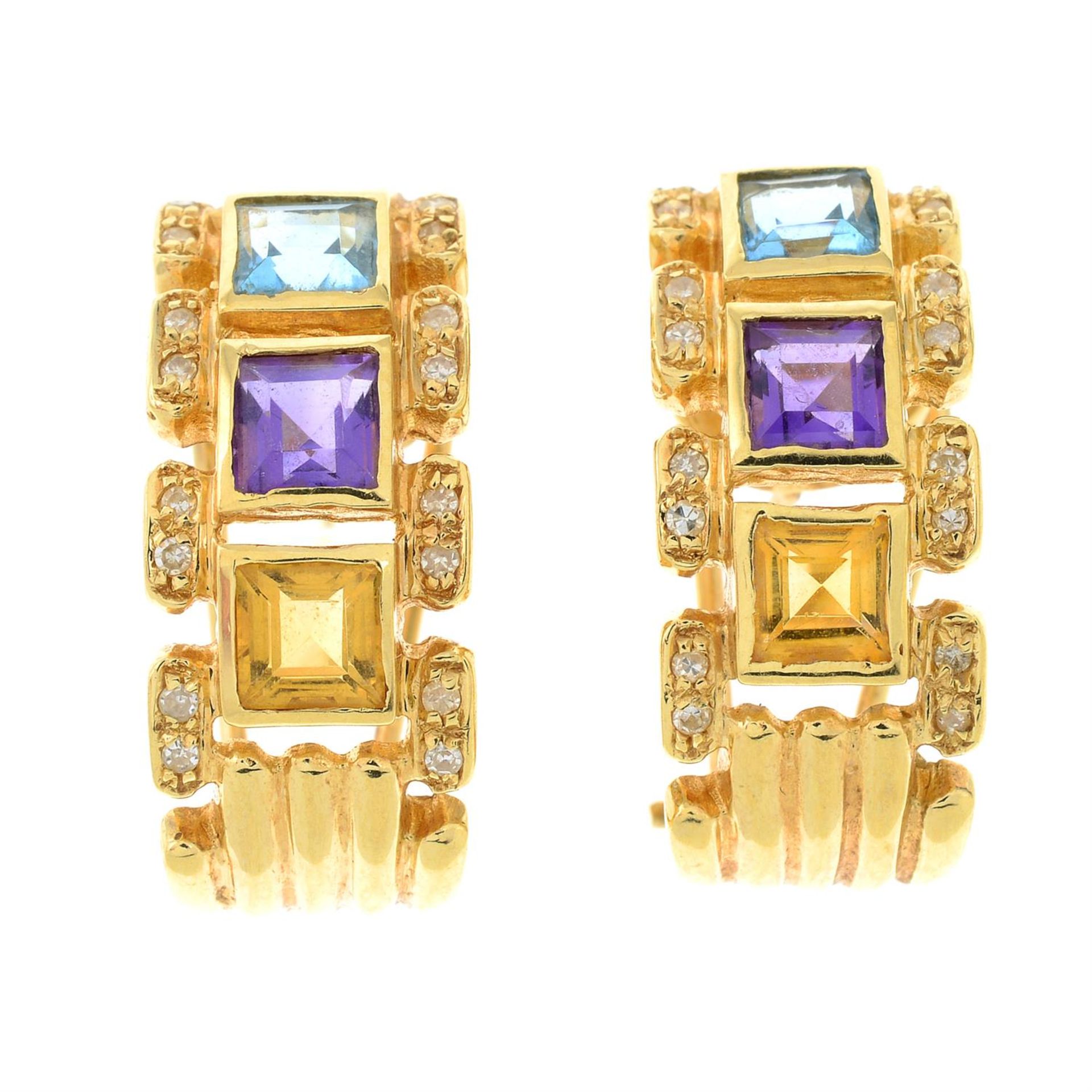 A pair of single-cut diamond and gem-set earrings.