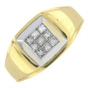 An 18ct gold square-shape diamond signet ring.