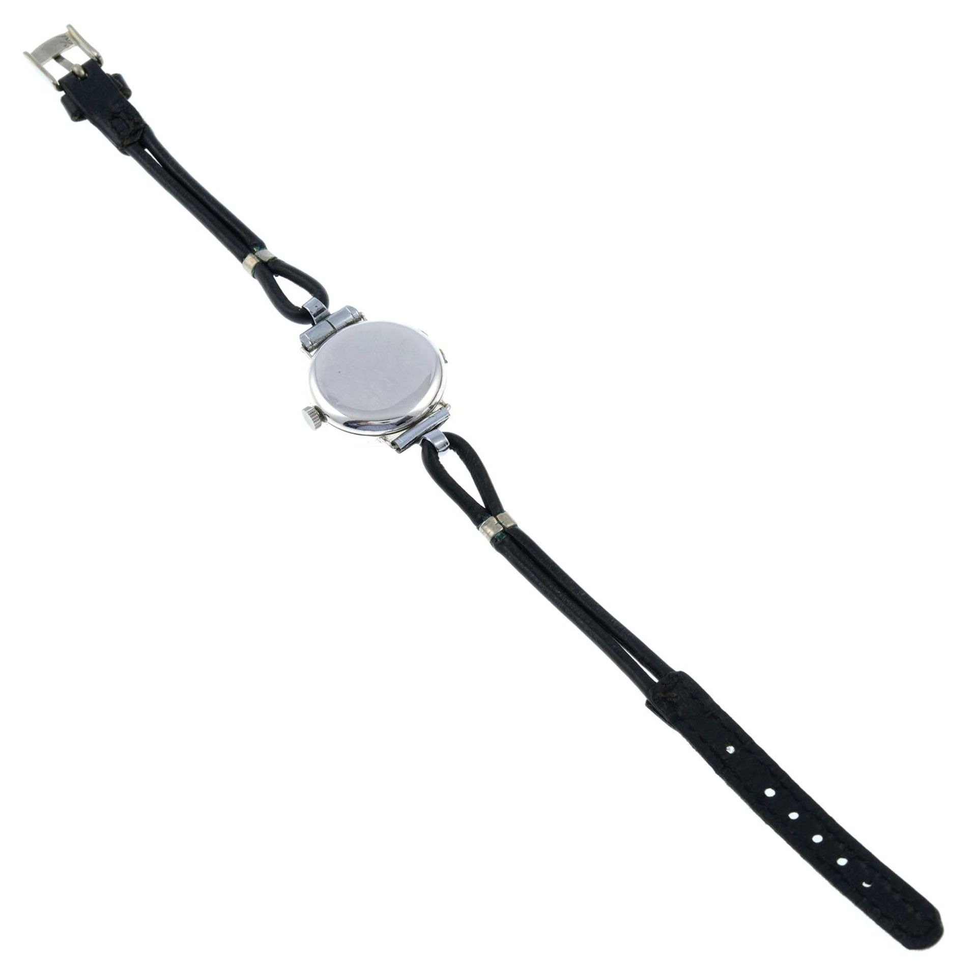 A lady's mid 20th century single-cut diamond bezel wrist watch, with black leather strap. - Image 2 of 2