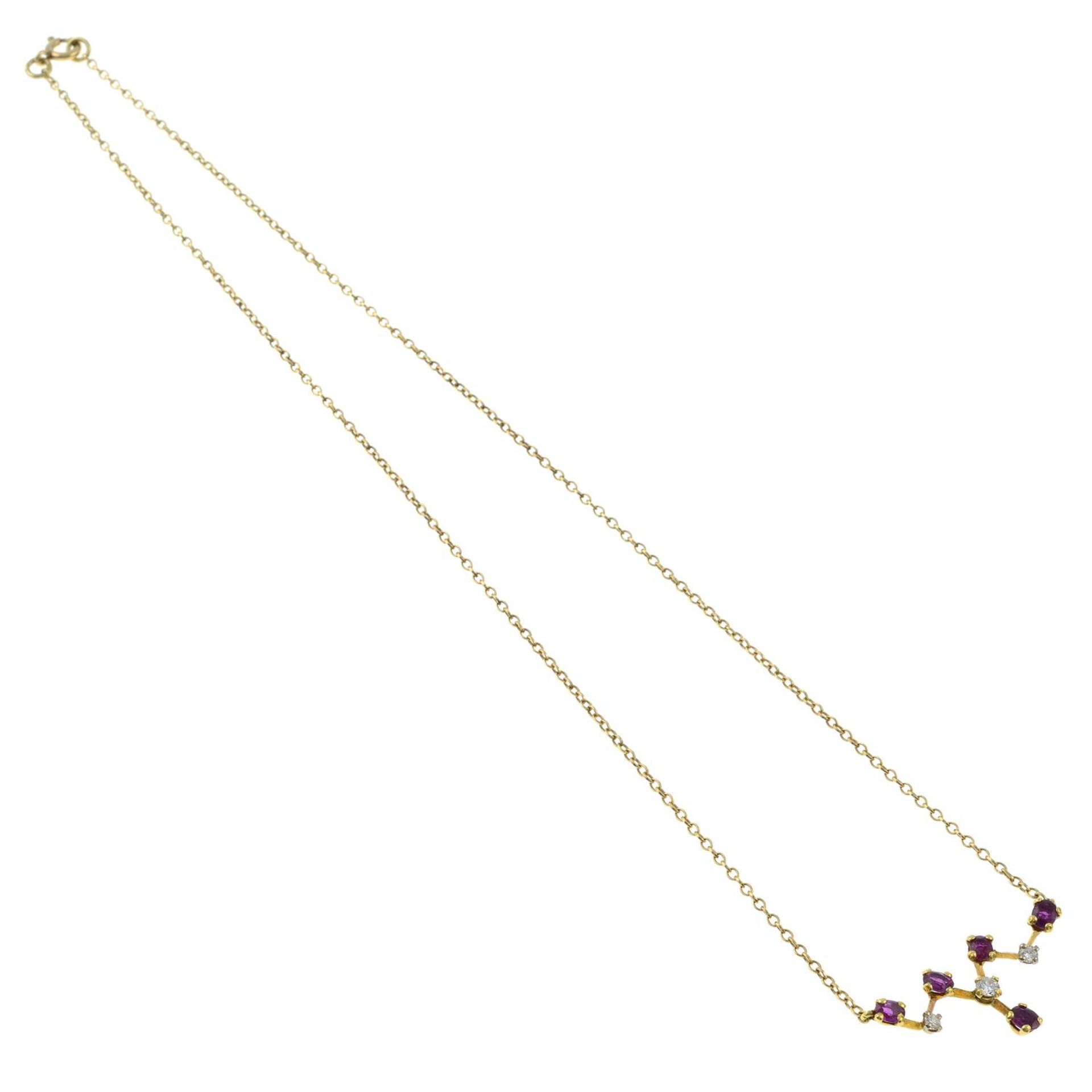 A ruby and diamond chevron pendant, on a 9ct gold integral trace-link chain. - Image 3 of 3