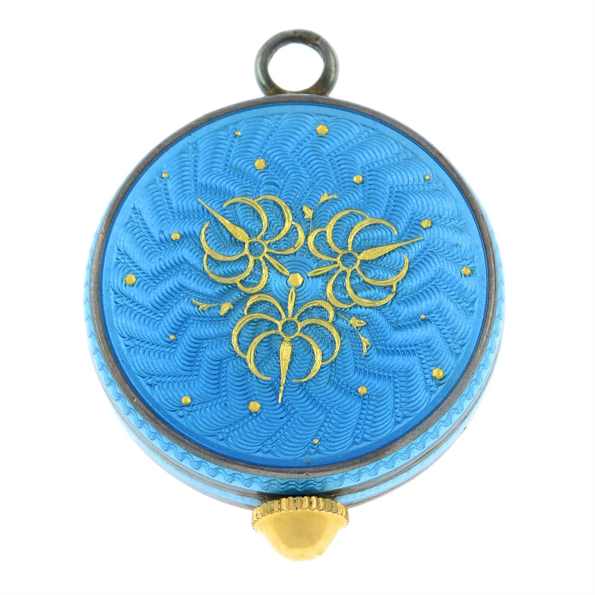 A blue guilloche enamel watch pendant, by Bucherer. - Image 2 of 2