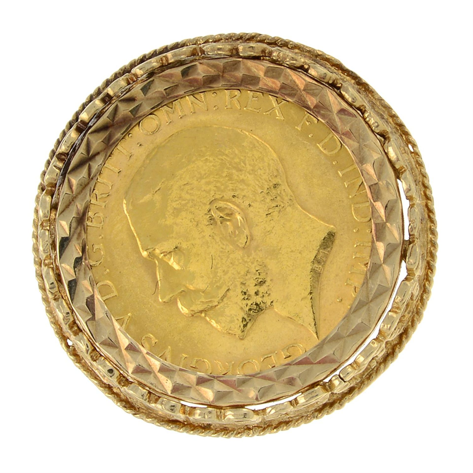 A half sovereign ring, within a 9ct gold mount.