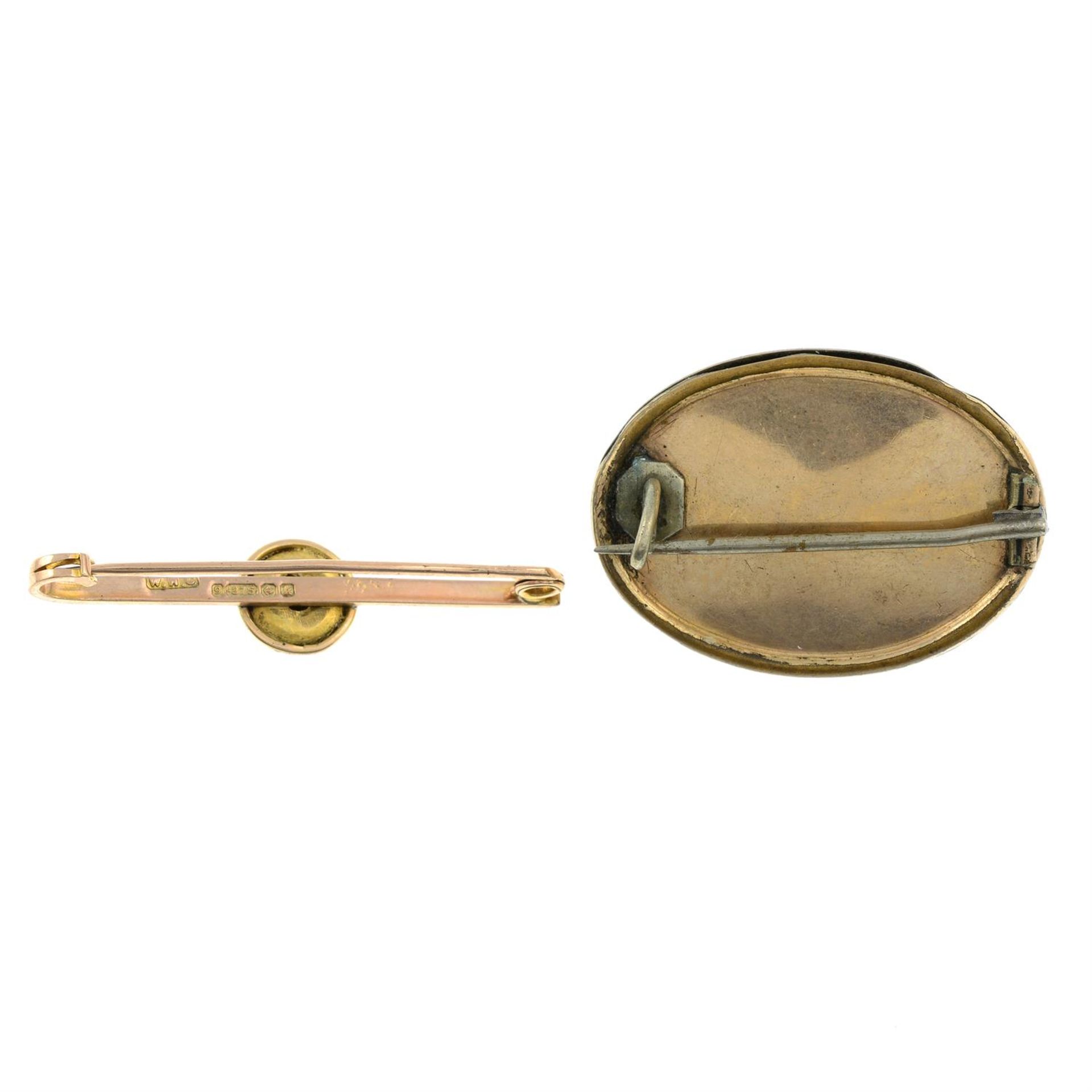 An early 20th century 9ct gold diamond bar brooch and an enamel oval brooch. - Image 2 of 2