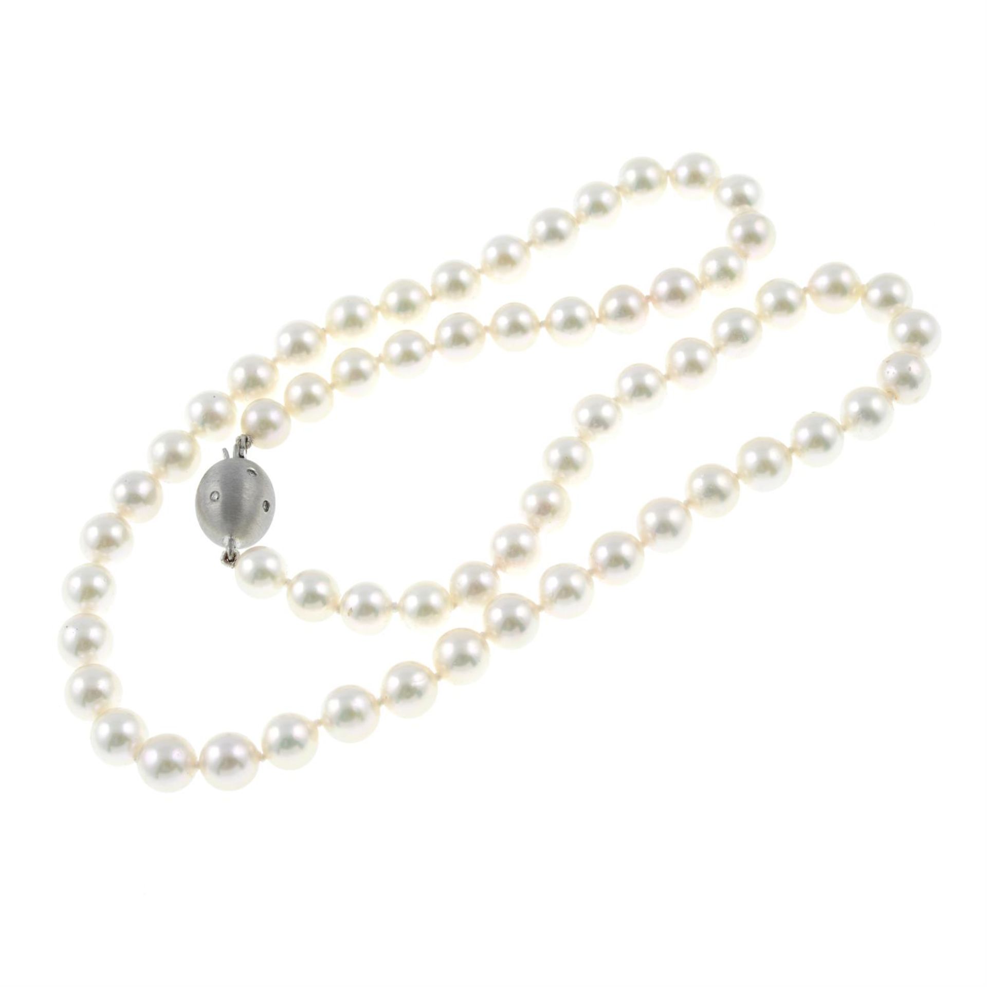 A cultured pearl necklace, with a 18ct gold diamond clasp. - Image 2 of 2