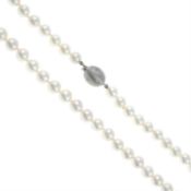 A cultured pearl necklace, with a 18ct gold diamond clasp.