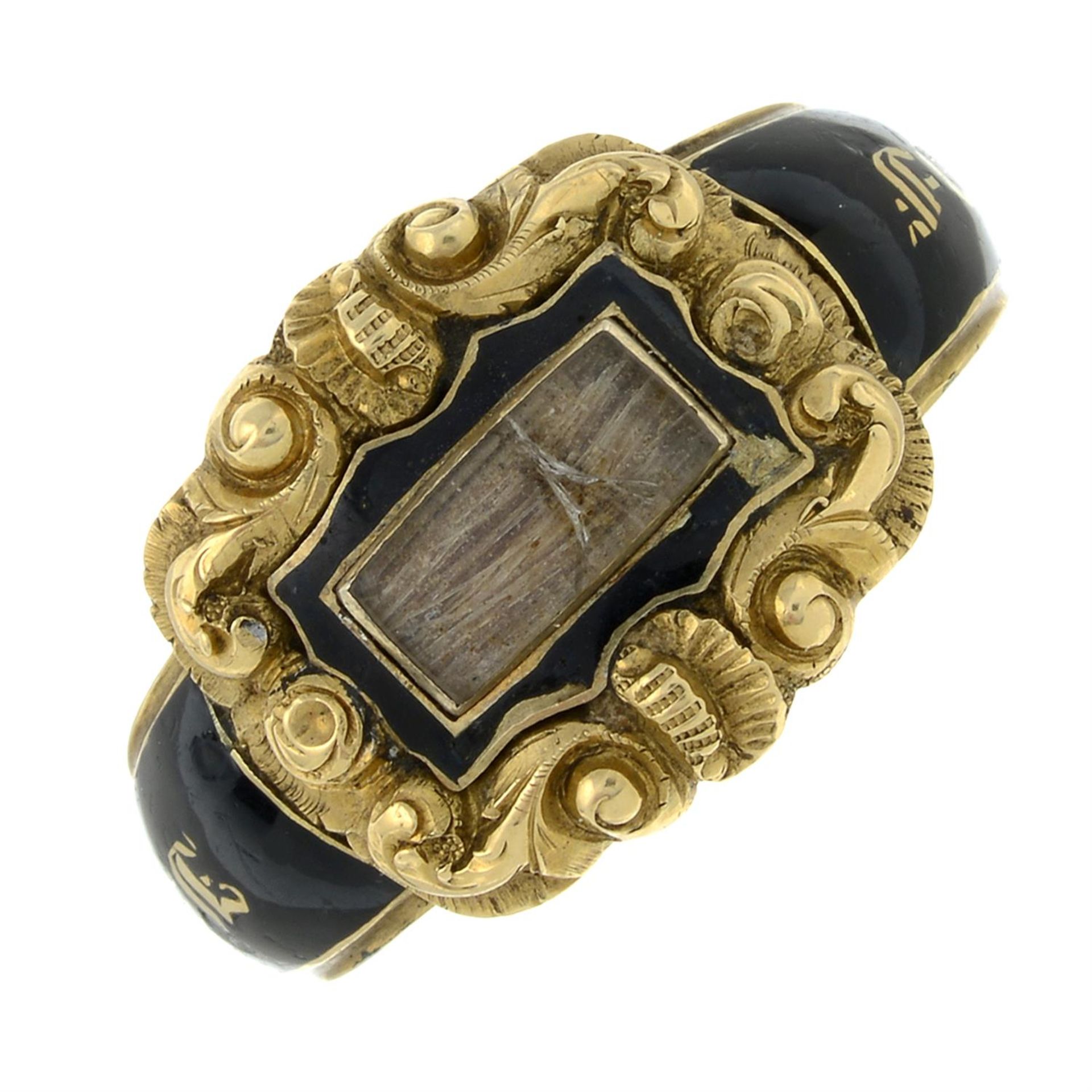 A mid Victorian 18ct gold and enamel mourning ring.