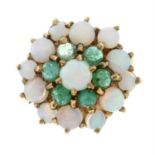A 9ct gold opal and emerald cluster ring.