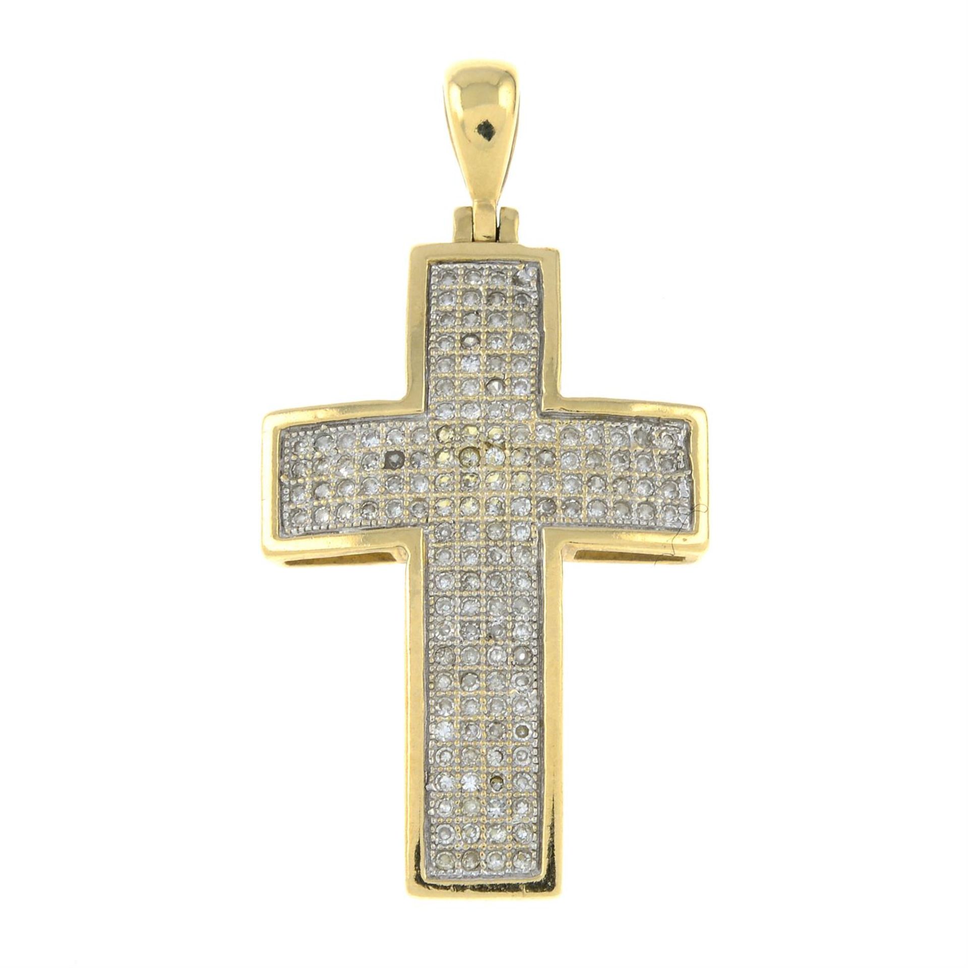 A 9ct gold single-cut diamond cross pendant.