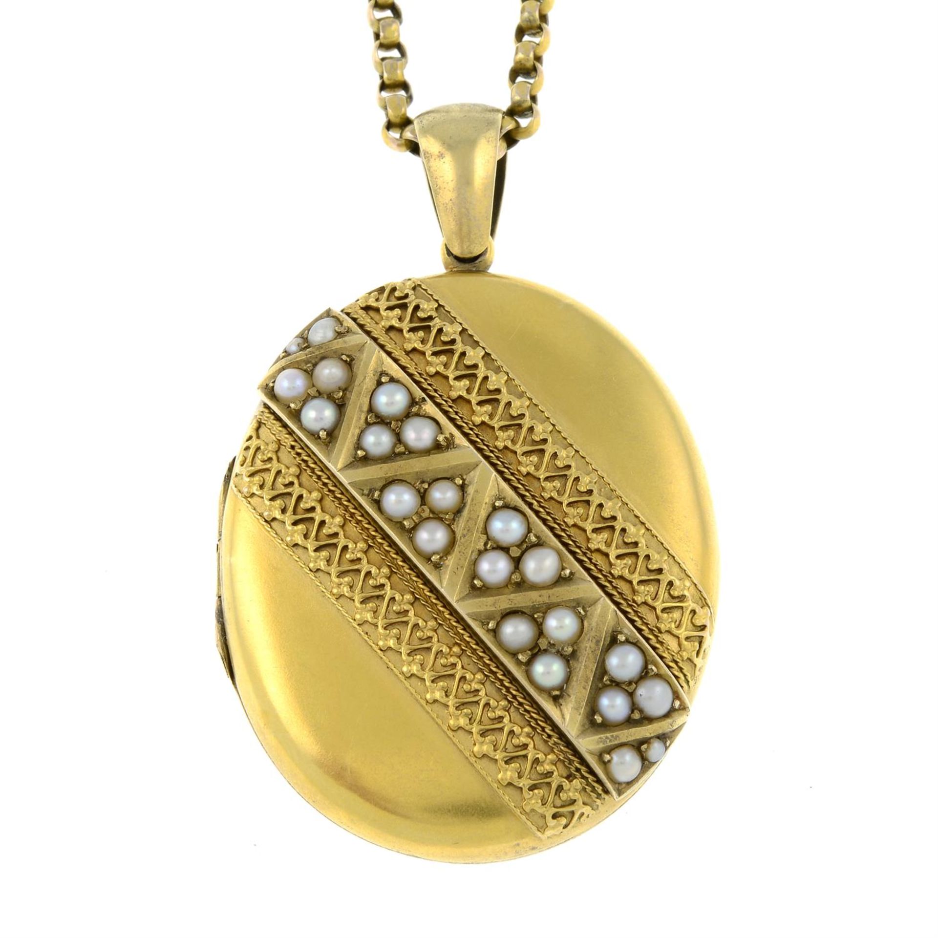 An early 20th century gold split pearl locket pendant, with chain.