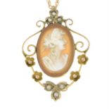 An early 20th century 9ct gold shell cameo and split pearl pendant, with chain.