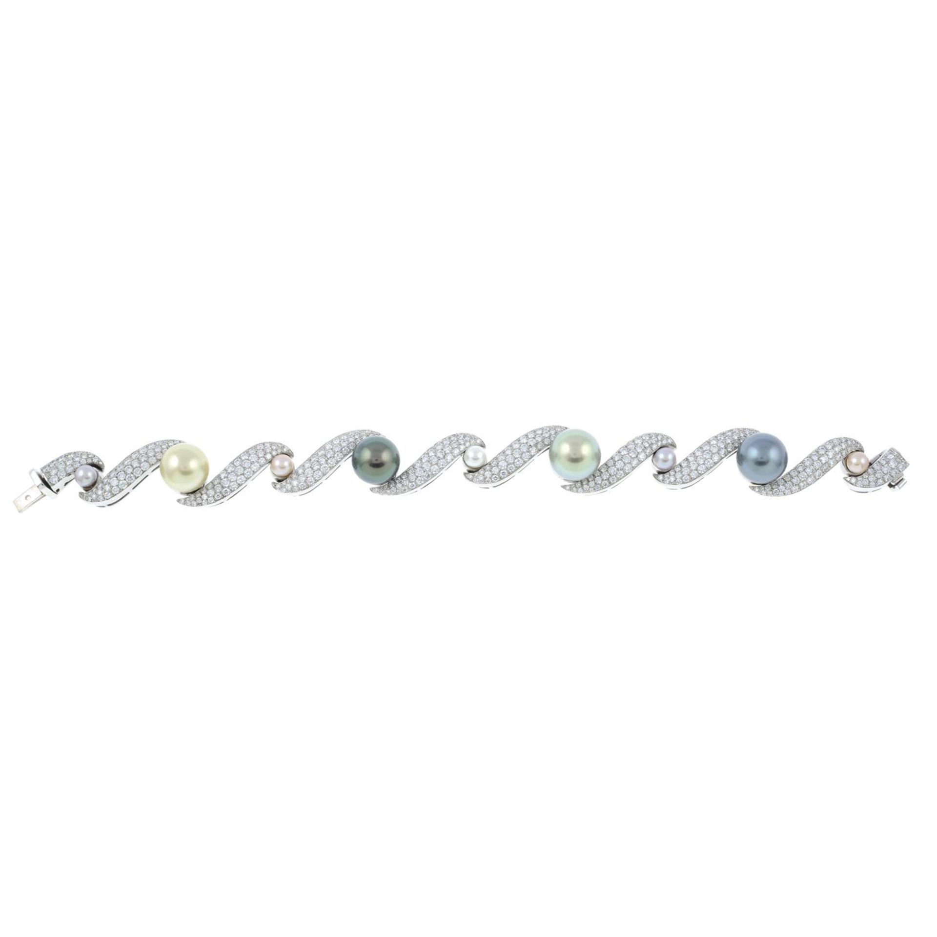 A vari-hue 'South Sea' cultured pearl and pavé-set diamond scroll bracelet, with vari-hue cultured - Image 2 of 5