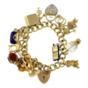 A 9ct gold charm bracelet, suspending fourteen charms.