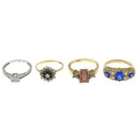 Four 9ct gold gem-set rings.