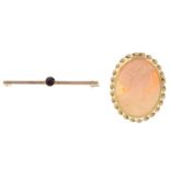 A 9ct gold shell cameo pendant brooch and a 9ct gold bar brooch.