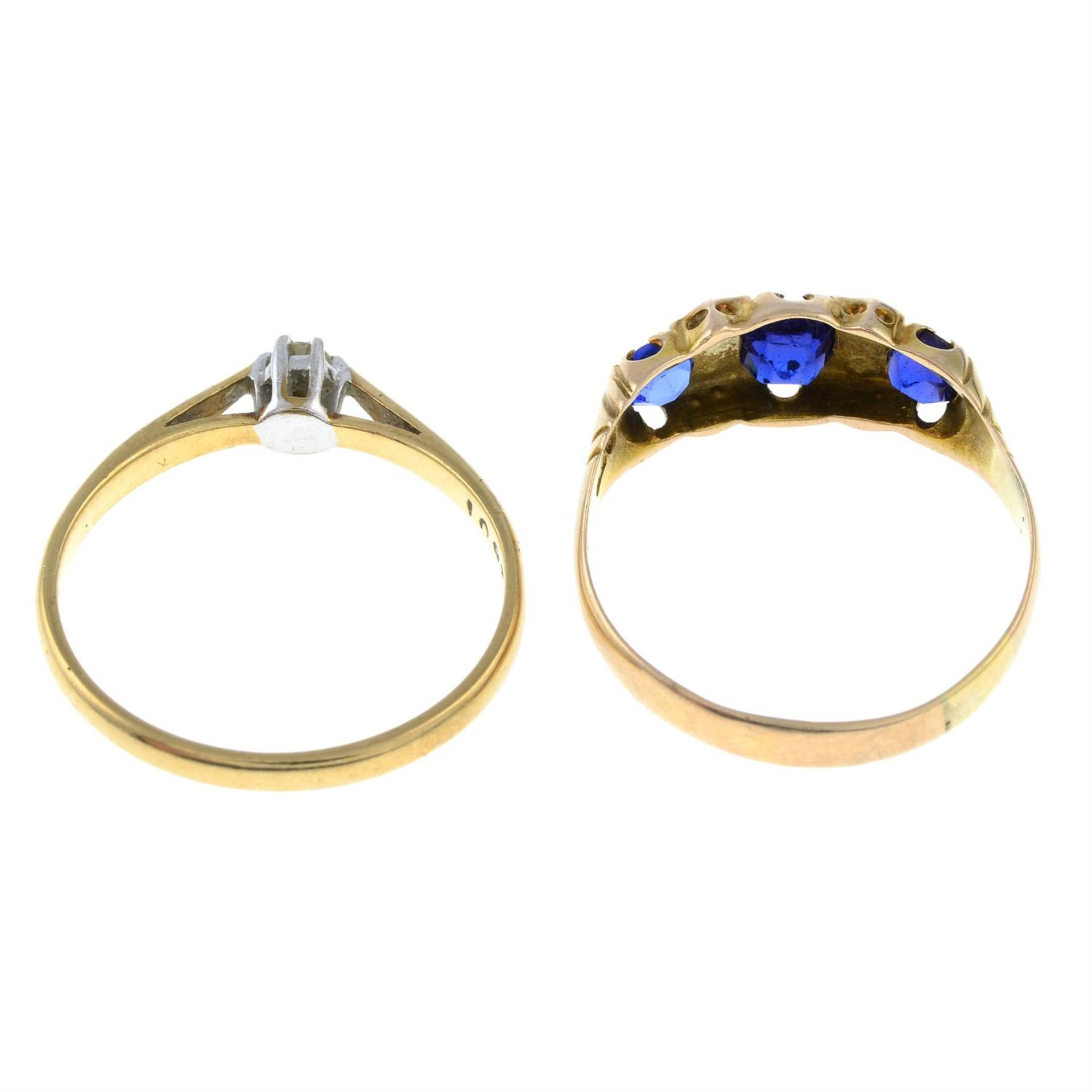 A 9ct gold diamond single-stone ring and a 9ct gold synthetic spinel three-stone ring. - Image 3 of 3