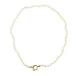 A cultured pearl single-strand necklace, with spring clasp.