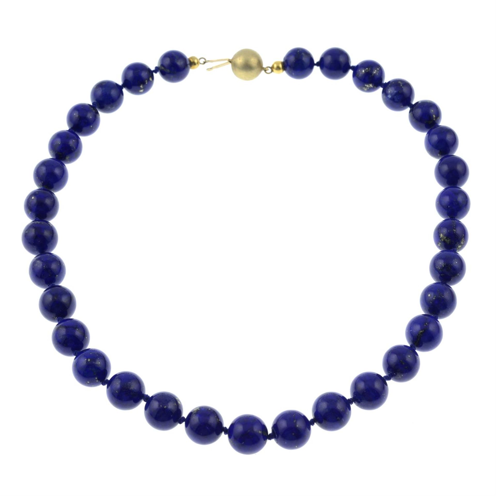 A lapis lazuli single-strand necklace, with spherical push-piece clasp.