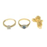 Two 9ct gold diamond and gem-set rings, together with a 9ct gold dress ring.