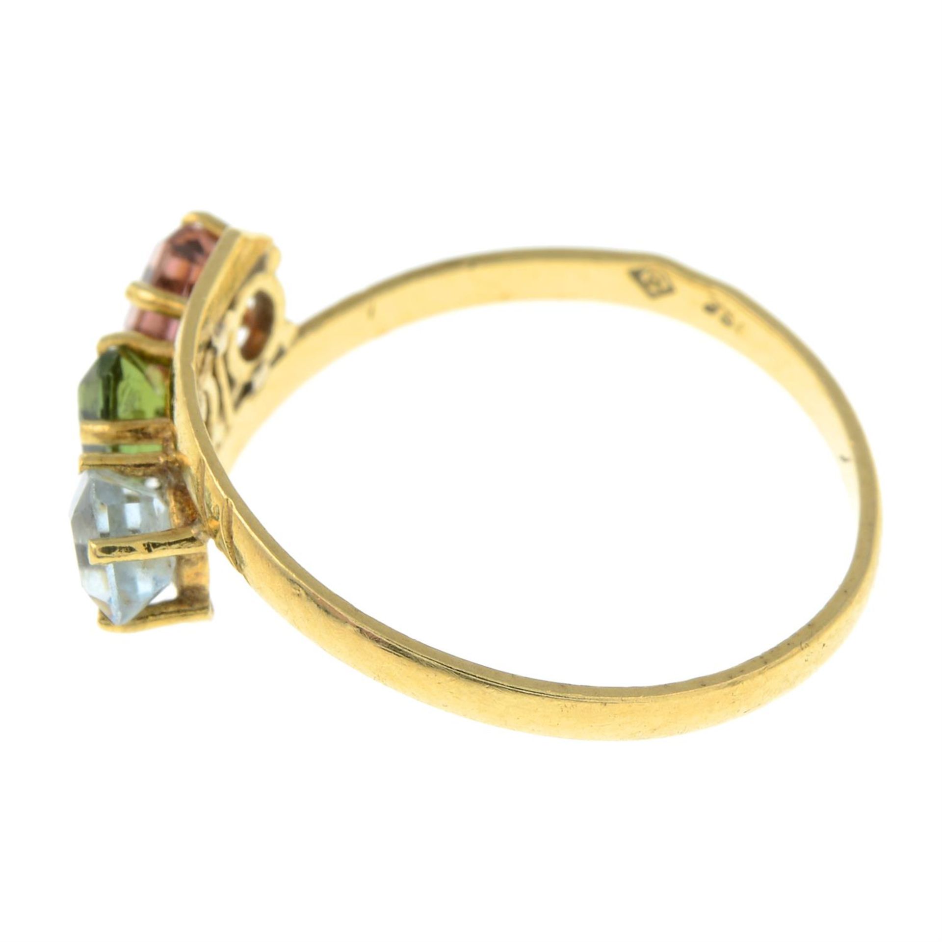 A blue topaz, pink and green tourmaline three-stone ring. - Image 2 of 3