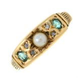 An early 20th century 18ct gold emerald, split pearl and old-cut diamond ring.