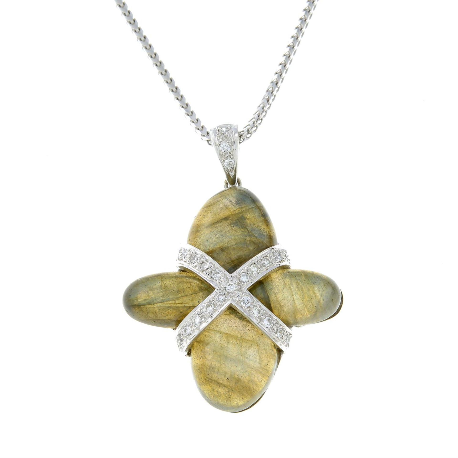 An 18ct gold labradorite and brilliant-cut diamond cross pendant, with 18ct gold chain.