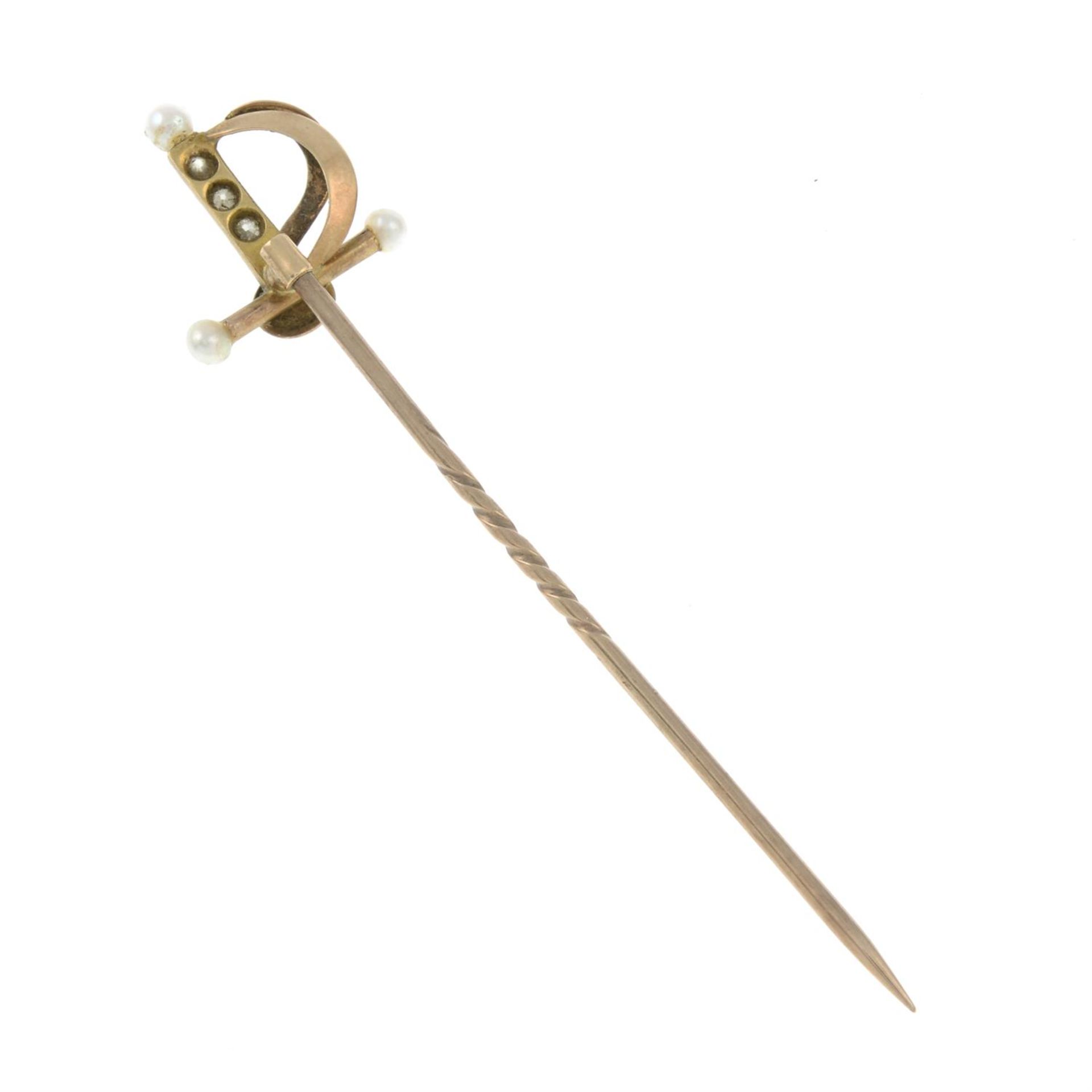 An early 20th century cultured pearl and single-cut diamond sword stickpin. - Image 2 of 3