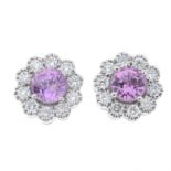 A pair of 18ct gold pink sapphire and diamond cluster earrings.