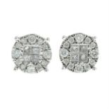 A pair of square-shape and brilliant-cut diamond cluster earrings.